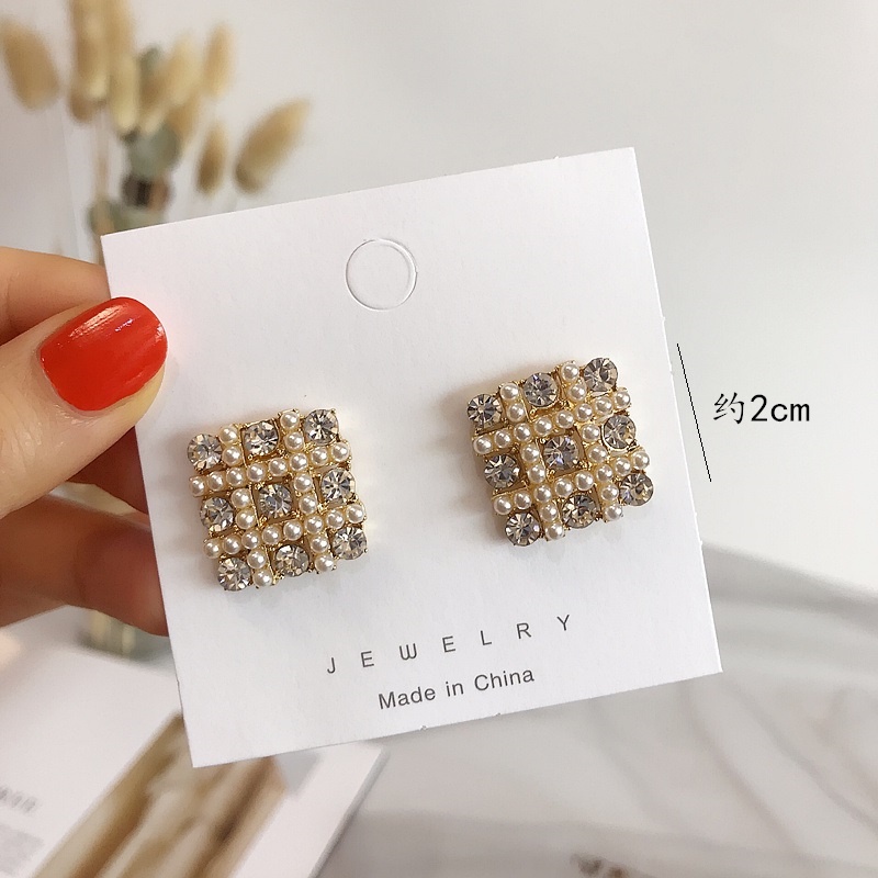 Bông Tai Mạ Bạc 925 Hình Vuông Đính Kim Cương Giả Đơn Giản