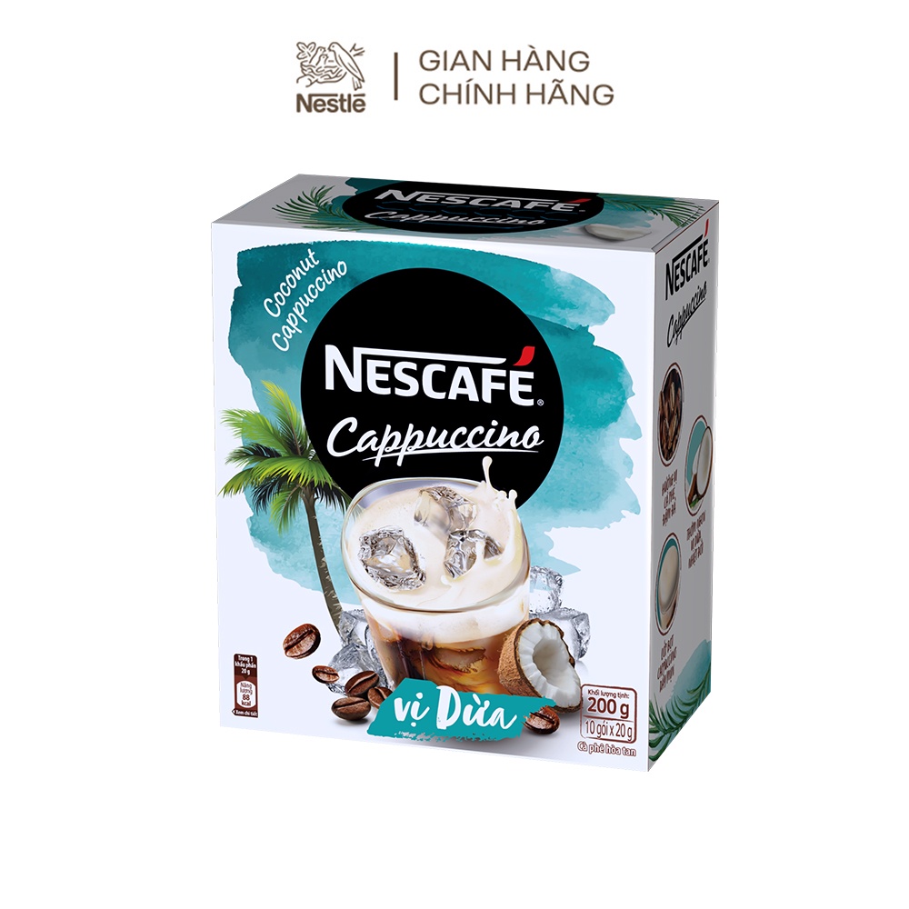 [Tặng 2 ly sứ pastel màu ngẫu nhiên]Combo 2 hộp cà phê hòa tan Nescafe Cappuccino: Vị dừa + Vị caramel(10 gói/hộpx20g)