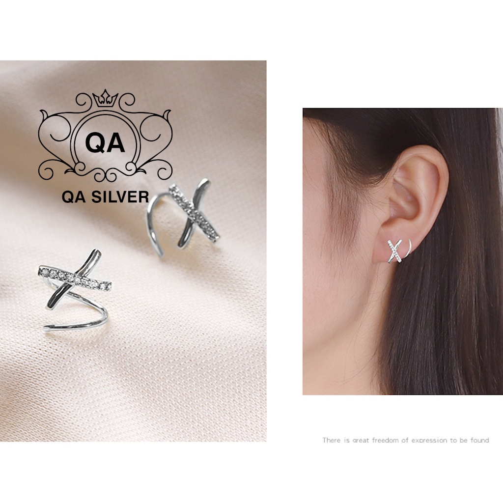 Khuyên tai bạc cuộn chữ X đính đá bông tai xoắn kẹp vành chéo S925 HELIX Silver Earrings QA SILVER EA200608