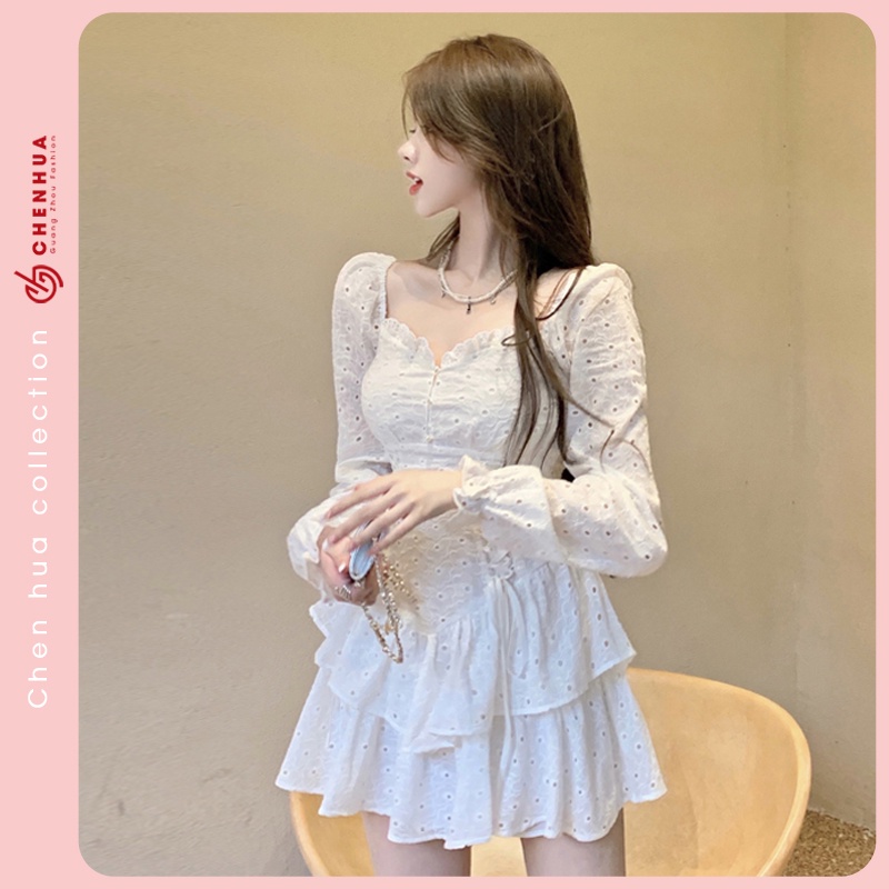 Váy bánh bèo HUAHUA đầm retro thắt eo dài tay xinh đẹp VT38