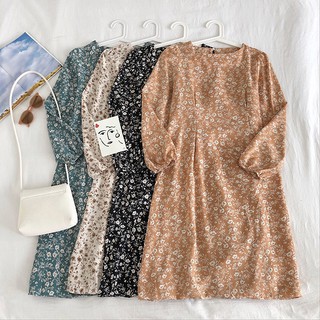 (ORDER- sẵn Be) Váy hoa midi dài tay nhiều màu Vintage nhẹ nhàng đơn giản Hàn Quốc
