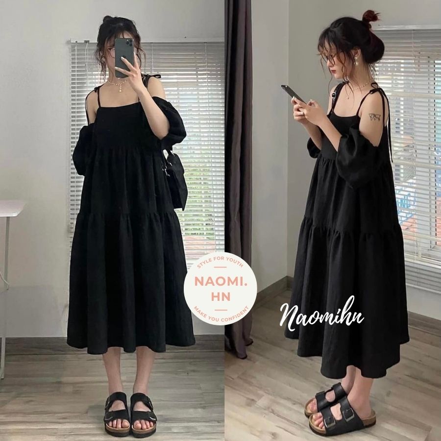 Váy 2 dây dáng dài buộc nơ vai 2 lớp phối bèo tay mặc được nhiều kiểu. Đầm 2 dây đi biển dáng dài rộng 3 tầng nhiều màu