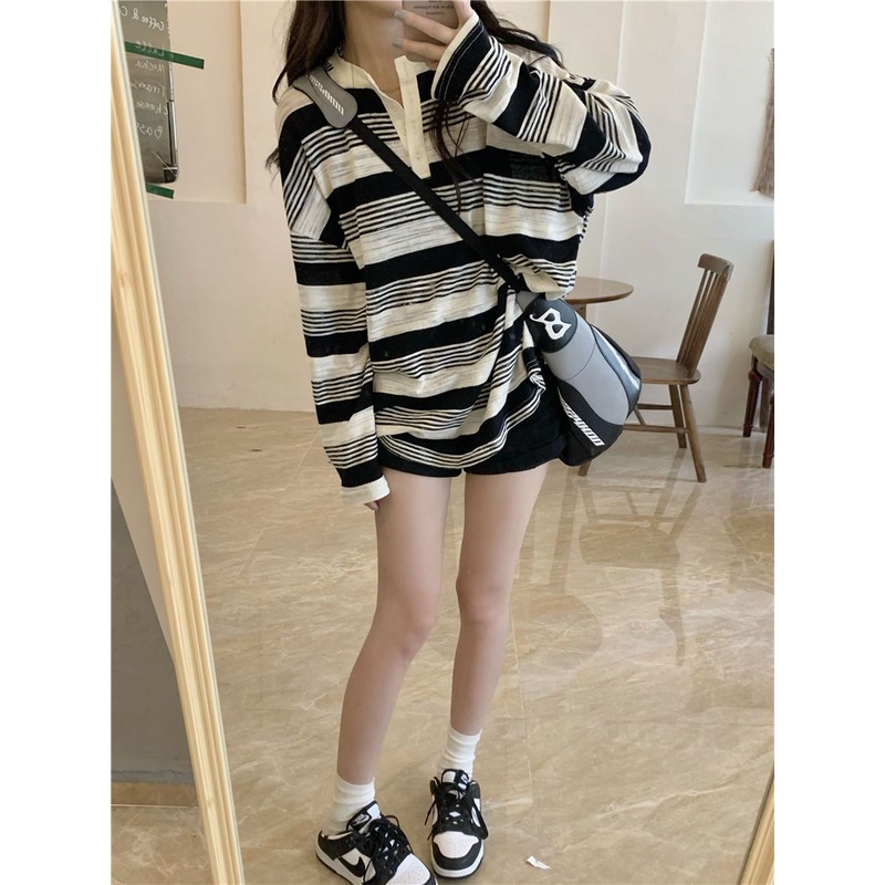 Jiashucheng Áo Thun Dài Tay Dáng Rộng Họa Tiết Kẻ Sọc Màu Sắc Tương Phản Phong Cách Hàn Quốc Cho Nữ