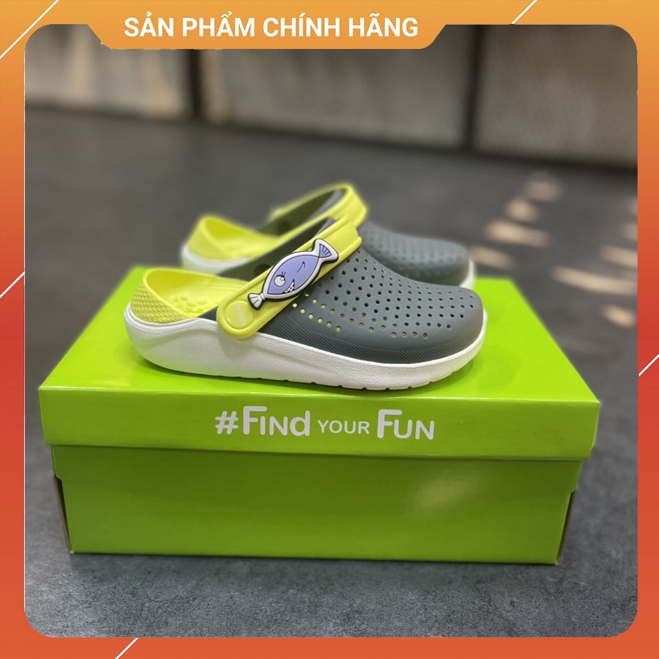 Giày Dép Sục Literide Clog Xám - Dạ Quang - Trắng Crocs Trẻ Em Chính Hãng Size 27 Đến 35 - Tặng 4 Jibbizt - Sấu Vui Vẻ