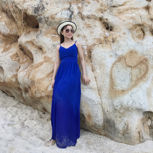 Váy maxi xanh coban hở lưng