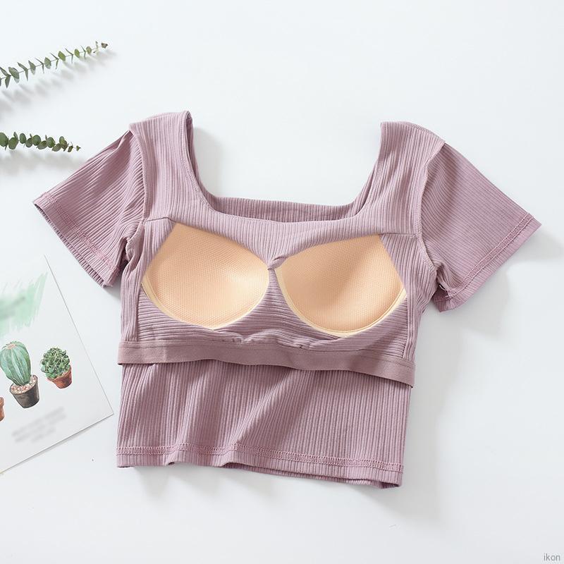 Áo Thun Tay Ngắn Cổ Vuông Có Miếng Đệm Ngực Thời Trang Cho Nữ