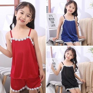 Bộ Đồ Ngủ Áo Hai Dây + Quần Short Vải Lụa Mát Thoải Mái Phong Cách Phương Tây Dành Cho Bé Gái