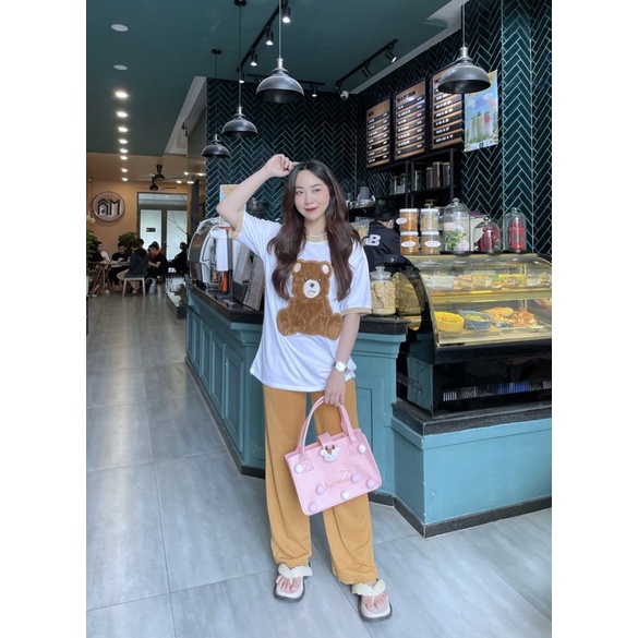 Set áo cotton phối viền cổ gấu lông quần gân hình thật