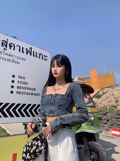Set áo croptop bò LISA khoá ngực cổ vuông + chân váy đen thắt dây xẻ đùi Ulzzang cá tính sexy ❤️