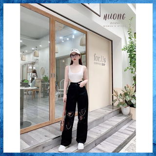 Quần jeans nữ, quần bò suông dài, rách, lưng cao túi chéo phối dây xích. Mã D2170