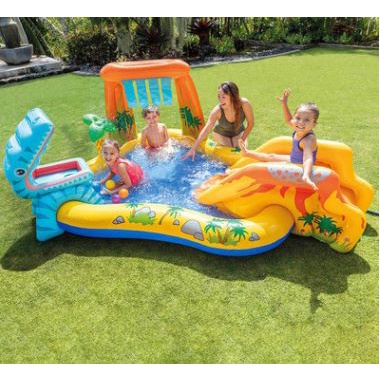 Bể bơi trẻ em phao bể bơi cầu trượt cho bé mẫu khủng long núi lửa phun nước