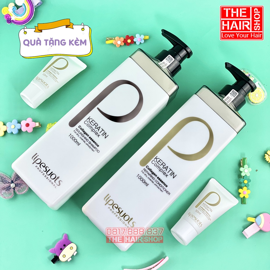 Cặp Dầu Gội Xả P Keratin Collagen Lipesuots 1000ML,kich thích mọc tóc, ngăn gãy rụng giảm tình trạng gàu ngứa