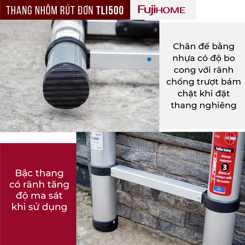 Thang nhôm rút đơn Nhập Khẩu 3,8M - 5M gấp gọn chính hãng FUJIHOME, thang rút xếp gọn gia đình đa năng Nhật Bản