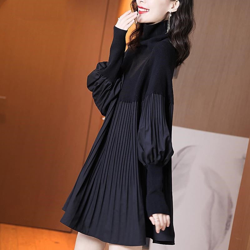 Váy dáng dài Váy suông Váy maxi nữ 2020 mới tay áo lồng đèn mùa thu đông phong cách Hepburn váy đen nhỏ cỡ lớ