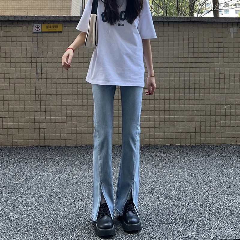 Quần Jeans Ống Loe Nữ Màu Xanh Nhạt Xẻ Gấu Tôn Dáng 1 Cúc Cạp Cao Style Cá Tính, Mặc Hàng Ngày Chất Loại 1