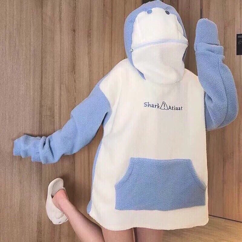 Áo Ngủ Hoodie Bông Hình Cá Mập Khoá Kéo Che Mặt