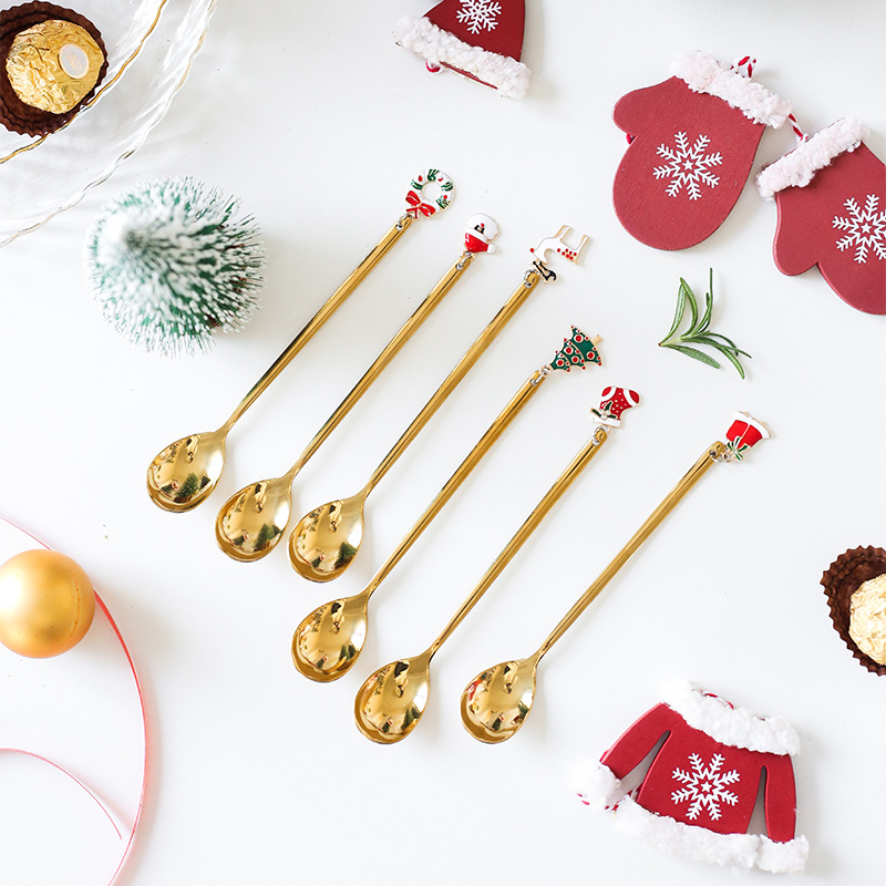 Christmas Tea Coffee Spoons/Stainless Steel Mini Ice Cream Dessert Spoon / Gold Spoon Long Handle Vintage Teaspoons Tableware