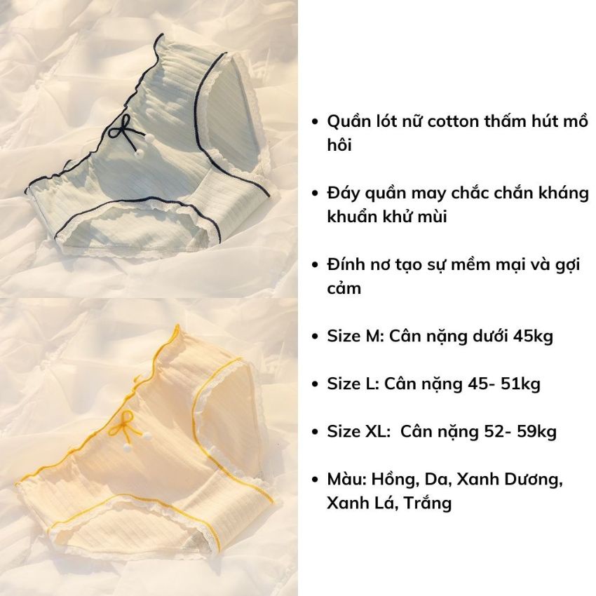 Quần lót nữ ren, quần lót cotton kháng khuẩn khử mùi viền ren đính nơ cute dễ thương - L399
