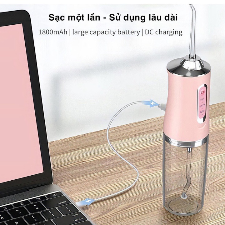 Máy tăm nước cầm tay Oral Irrigator vệ sinh răng miệng sau khi ăn, tặng 4 đầu chuyên dụng làm sạch sâu