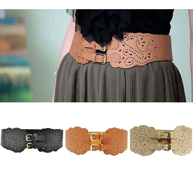 Thắt lưng nữ dây nịt đai váy nịt bụng eo thon gọn corset  bản rộng da PU co giãn khóa đôi điêu khắc Vintage thanh lịch