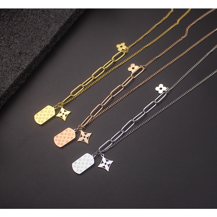 Dây chuyền nữ titan cao cấp phong cách hip hop hoa 4 cánh kết hợp thẻ bài siêu đẳng cấp