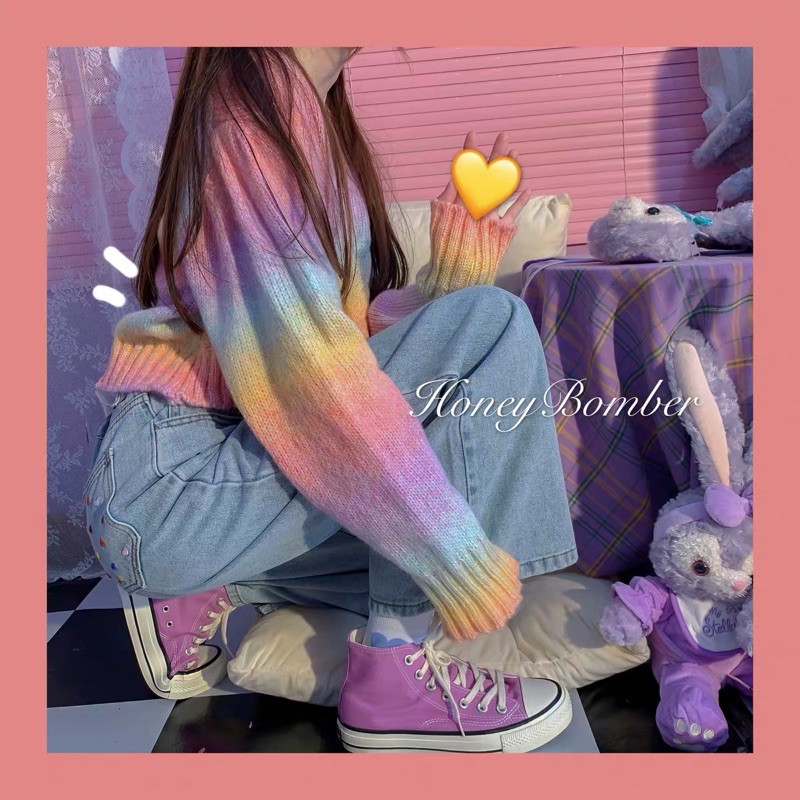 JISOO BLACKPINK Áo croptop len tay dài màu rainbow cầu vồng phong cách ulzzang SAM SAM BOUTIQUE | BigBuy360 - bigbuy360.vn