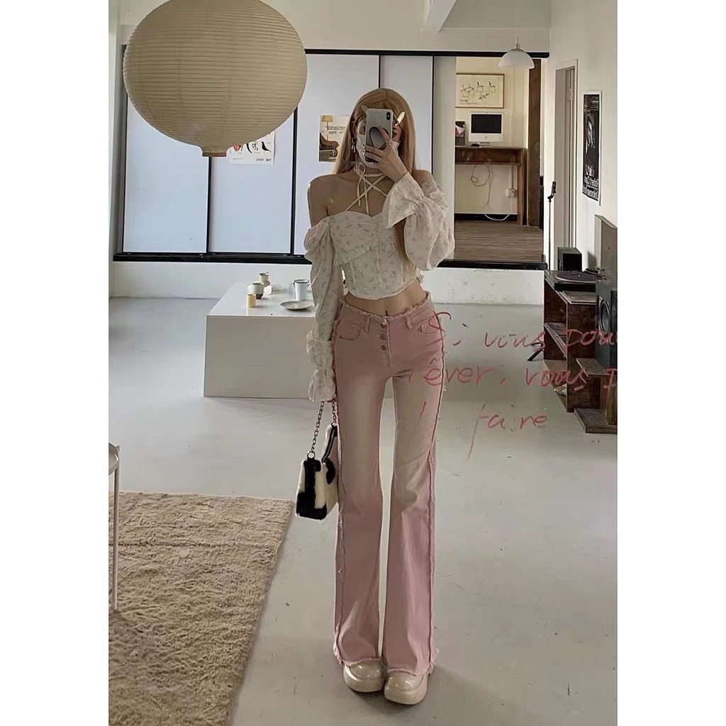 Spring and Summer girls pink hot girls stretch close-fitting slim-fit legs slightly tight burrs slim denim flared pants for women AY2H