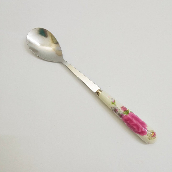 Thìa dĩa ăn hoa quả trái cây bánh kem inox cán sứ hoa hồng