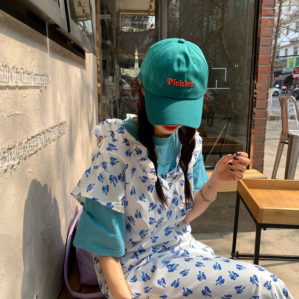 Pickles ~ Mũ Lưỡi Trai Cotton Mềm Màu Trắng Xanh Lam Phong Cách Đường Phố Hàn Quốc