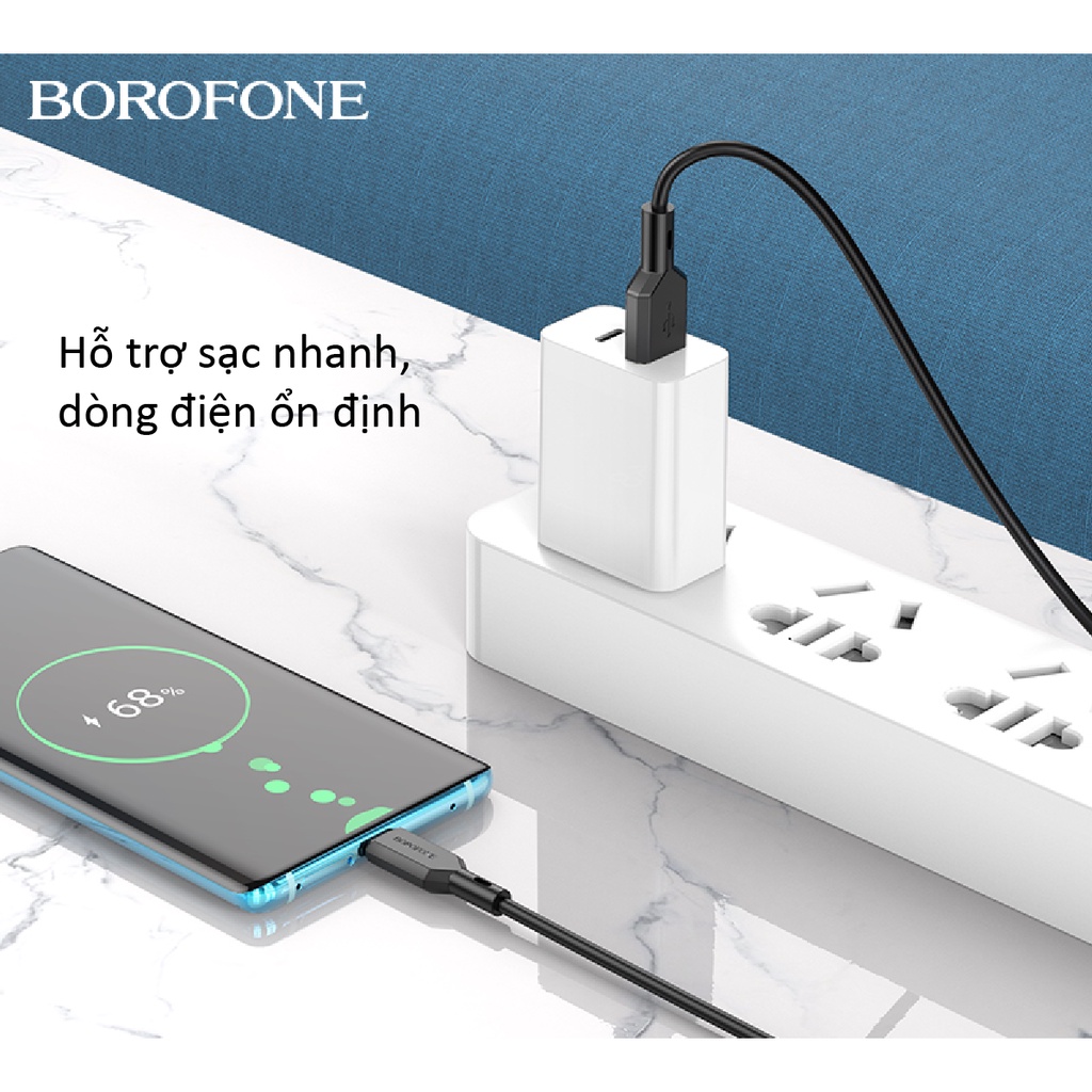 Phụ kiện dây cáp Type C Borofone BX70, thiết kế dây nhựa chống bám bẩn, cứng cáp