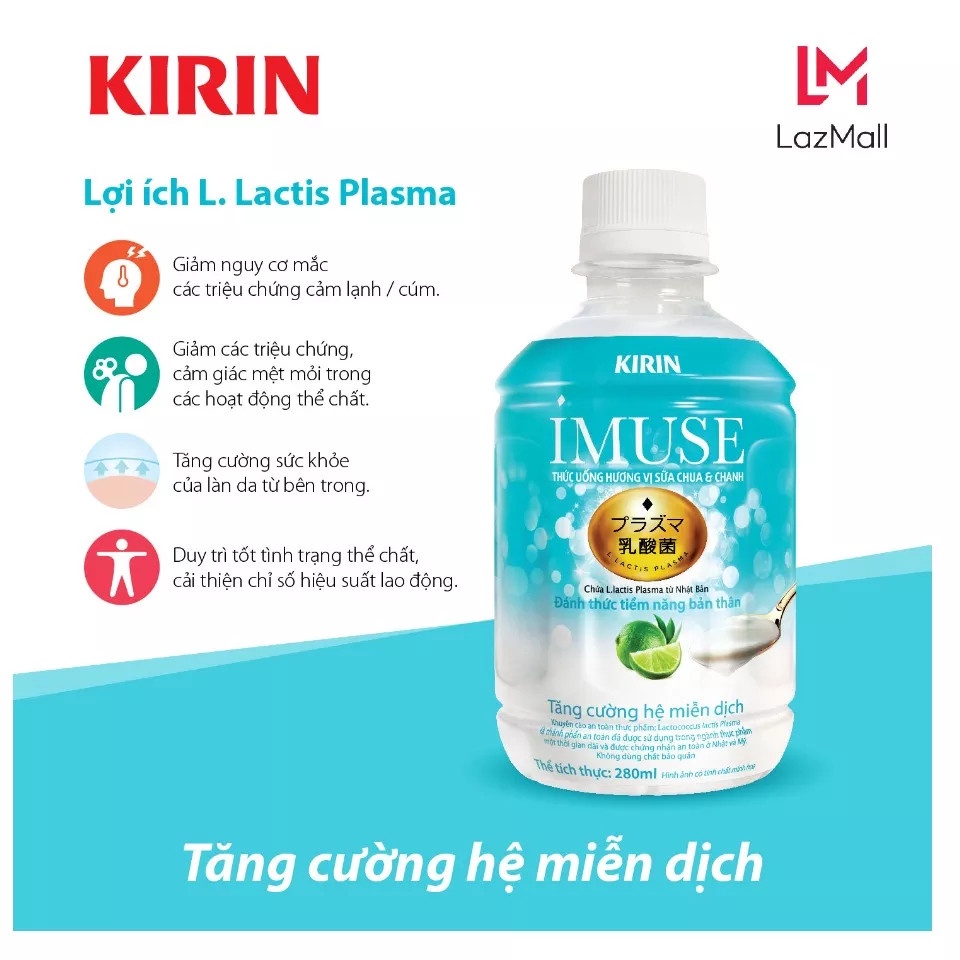 Lốc 6 chai nước uống KIRIN iMUSE 280ml - (Chứa lợi khuẩn Lactis Plasma giúp tăng cường hệ miễn dịch)