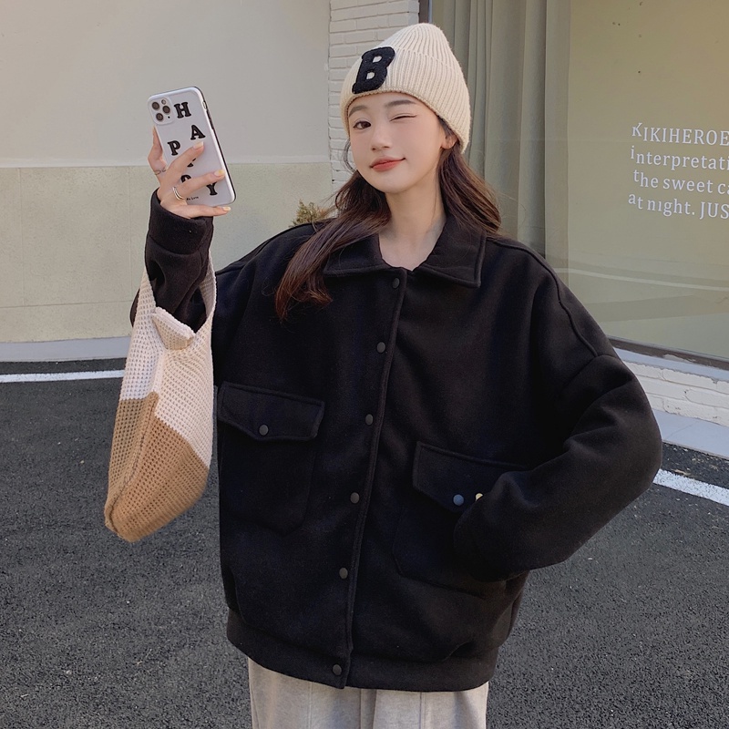 Áo khoác tay dài dáng rộng màu trơn dễ phối đồ thời trang phong cách Hàn Quốc