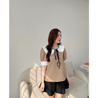 Áo nâu be cổ lông nơ nhung