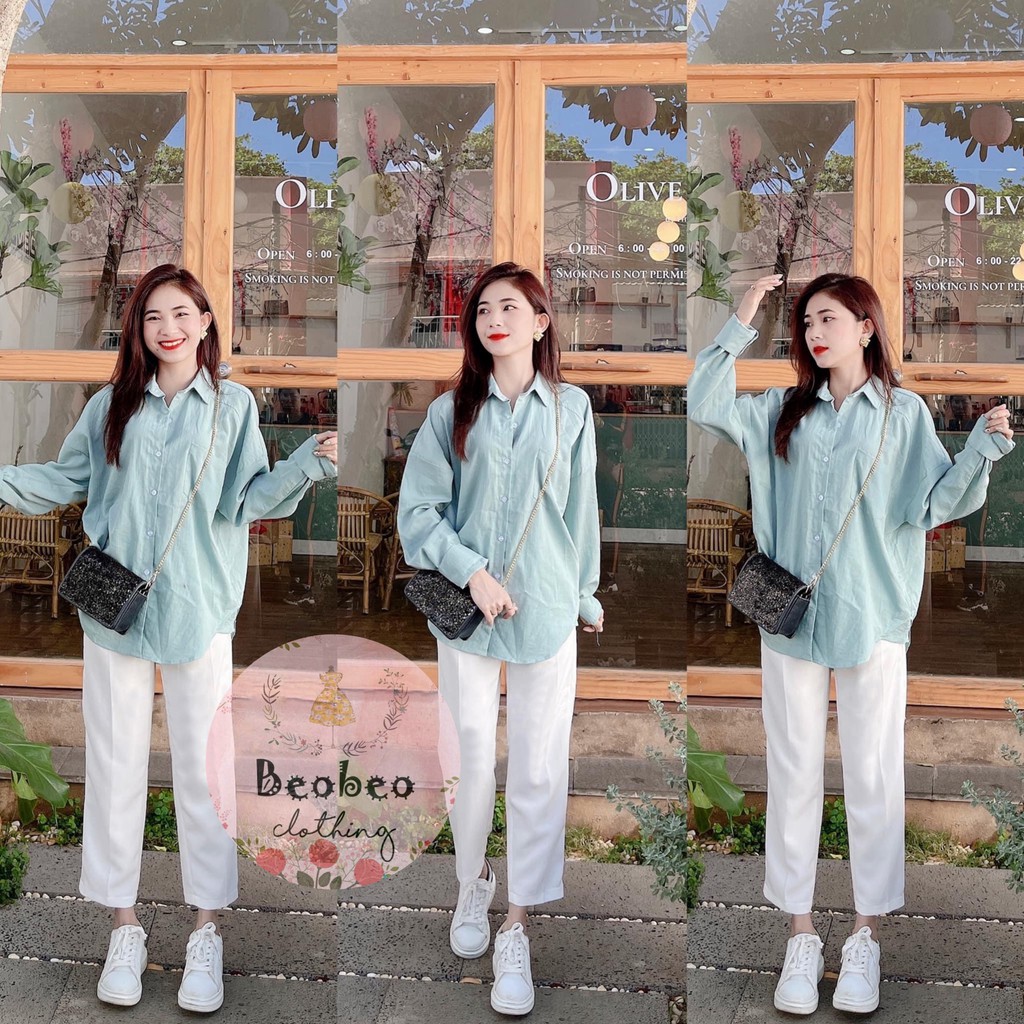 Áo sơ mi trắng xanh oversize có túi ulzzang