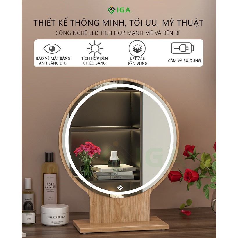 Gương Soi Trang Điểm, Gương Để Bàn Đèn Led Cảm Ứng Thông Minh IGA - GP214