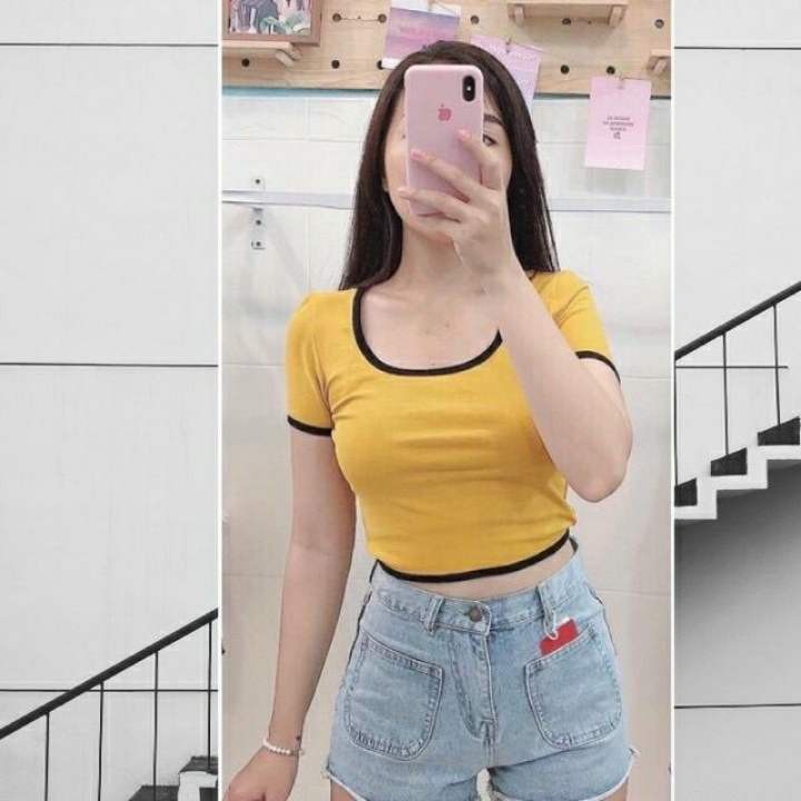 Áo Croptop nữ ôm body Tay ngắn cổ vuông MADELA,  Áo thun nữ cổ vuông có viền dáng ôm croptop - ACTN02