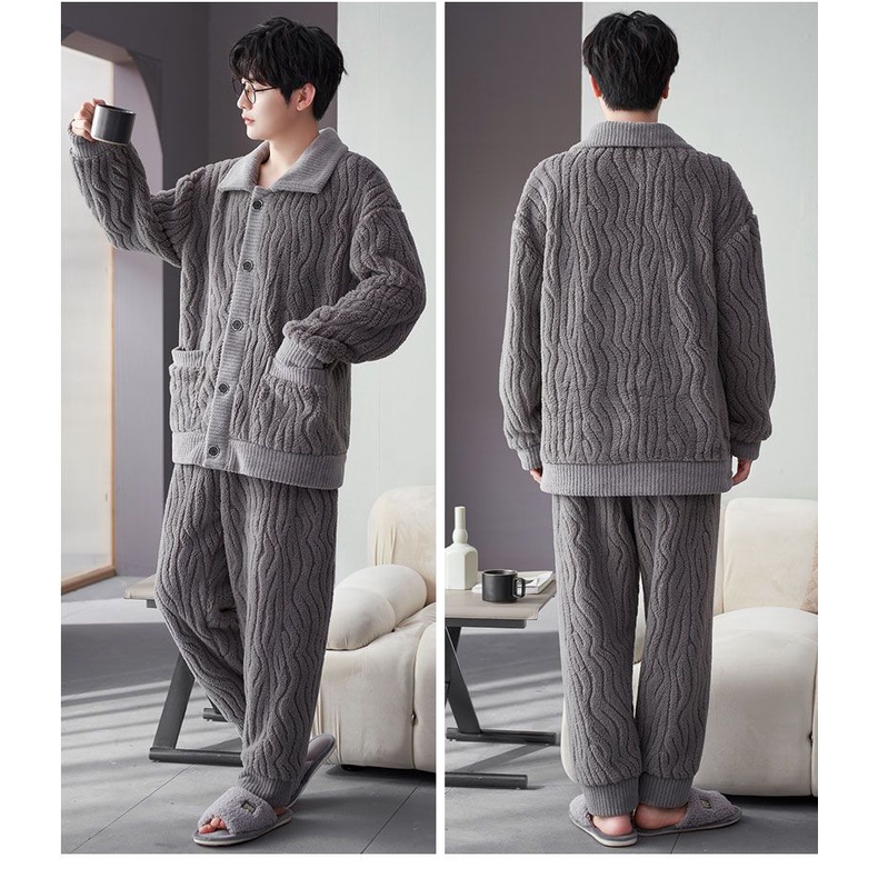 Bộ Đồ Ngủ Bằng Vải Flannel Dày Dặn Ấm Áp Màu Trơn Thời Trang Mùa Đông Dành
