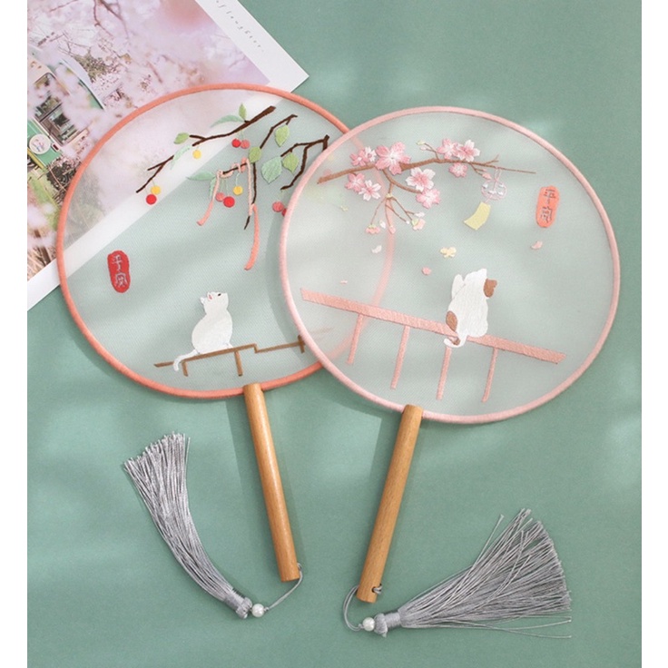 DIY kit tự thêu tay quạt cổ phong vintage gói nguyên liệu đầy đủ kim chỉ thêu tự làm quà tặng handmade áo dài lenmade