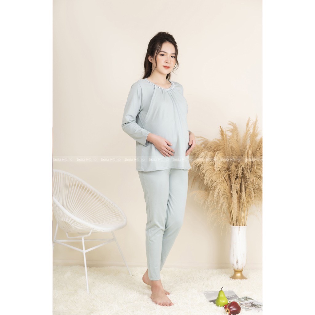 Bộ Bầu Mặc Nhà Chất Liệu 100% Cotton Mềm Mại Pha Ren,Đồ Bầu Sau Sinh Có Khóa Mở Cho Con Bú Và Chun Chỉnh Bụng Bella Mama