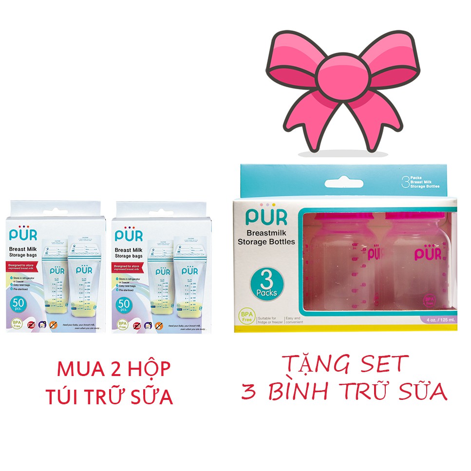 [Mã LT50 giảm 50k đơn 250k] Combo 2 Hộp túi trữ sữa Pur + Bộ 3 bình trữ sữa