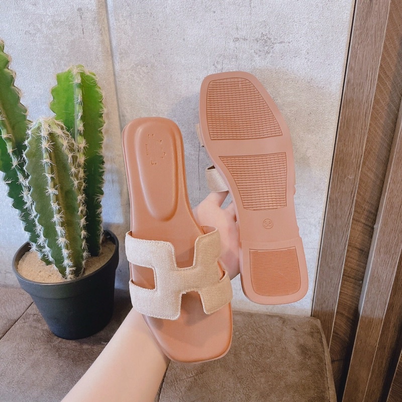 Dép Chữ H Quai Vải Đế Êm Chân Màu Xanh Xám Kem Siêu Sang