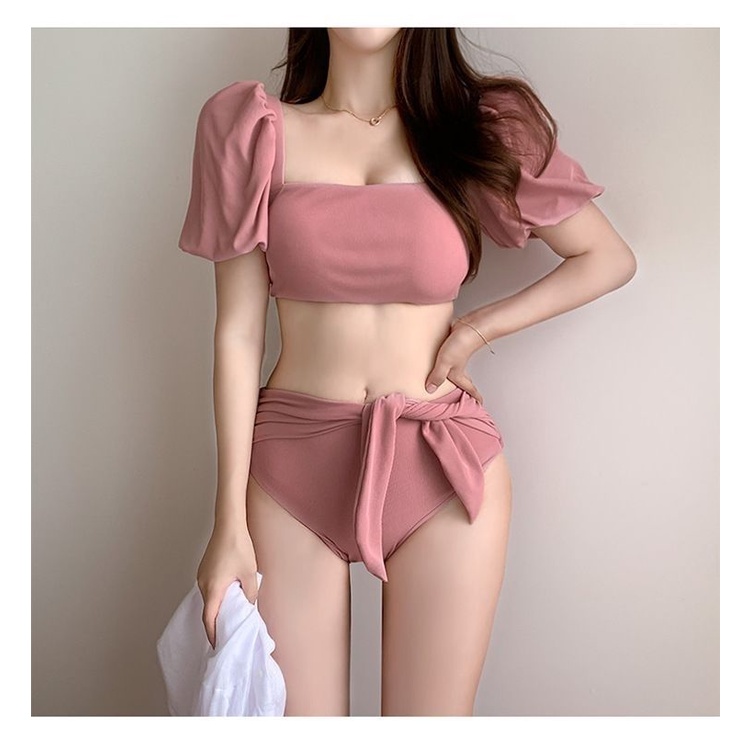 Bộ Đồ Bơi Bikini Hai Mảnh Lưng Cao Thắt Nơ Tay Phồng Màu Hồng / Trắng Phong Cách Mới Dành Cho Bạn  đồ bơi nữ