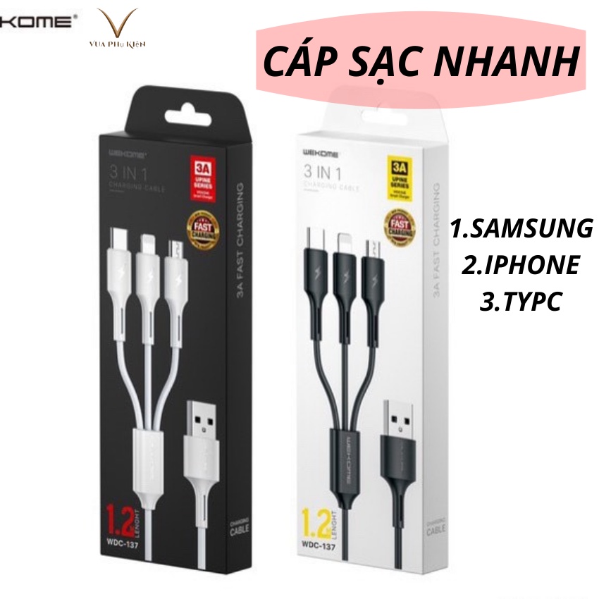 Cáp sạc 3 đầu WEKOME Cáp Sạc Nhanh 3 in 1 Giá sĩ hàng Chính hãng dùng cho điện thoại Samsung-Iphone-Huawei vv