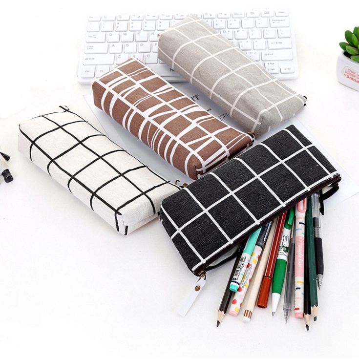Túi đựng bút bằng vải canvas họa tiết kẻ sọc đơn giản sức chứa lớn có khóa kéo