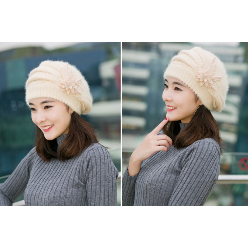 [QUẢNG CHÂU_TRỢ SHIP ĐƠN 50K] Mũ len, nón len xếp ly đính hoa A021 mềm mại, 2 lớp, lót lông, ấm ấp, dùng quanh năm