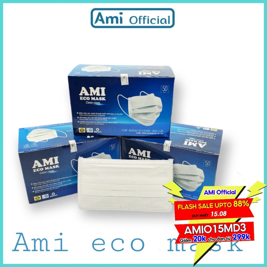 Hộp 50 chiếc khẩu trang y tế ami màu trắng 4 lớp - ami official