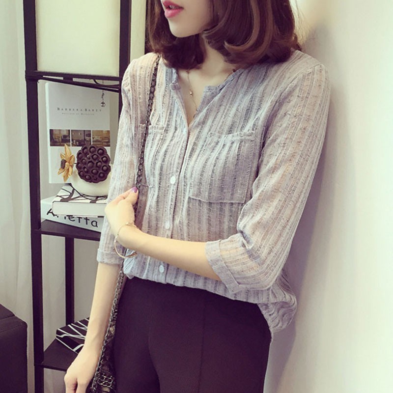 Áo sơ mi sọc cổ tròn phối túi thời trang cho nữ (sỉ lẻ) (kho buôn)