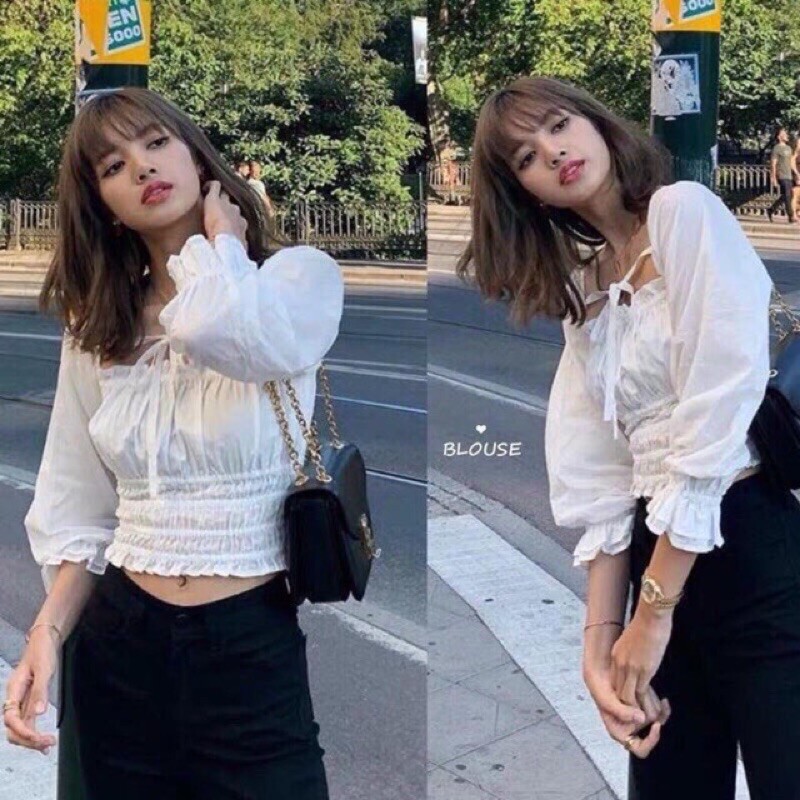 Áo kiểu nhún bo eo kèm dây cột nơ, vải voan đẹp