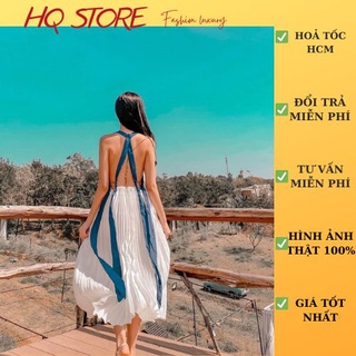 Đầm maxi đi biển dập li 2s, váy maxi dài có mút ngực hở lưng dây móc phối màu - Maxi HQ store