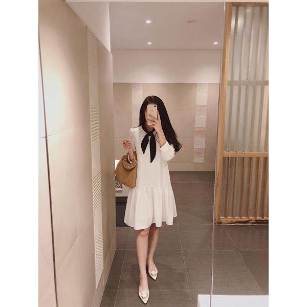 Váy bầu bigsize - Đầm bầu thiết kế GuMe màu Đen Trắng Nơ Cổ Trắng ĐEN MYC 1265